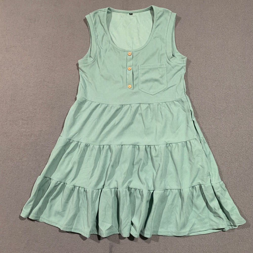 NWOT Womens Casual Tiered Dress Small Light Green Sleeveless Button Pocket